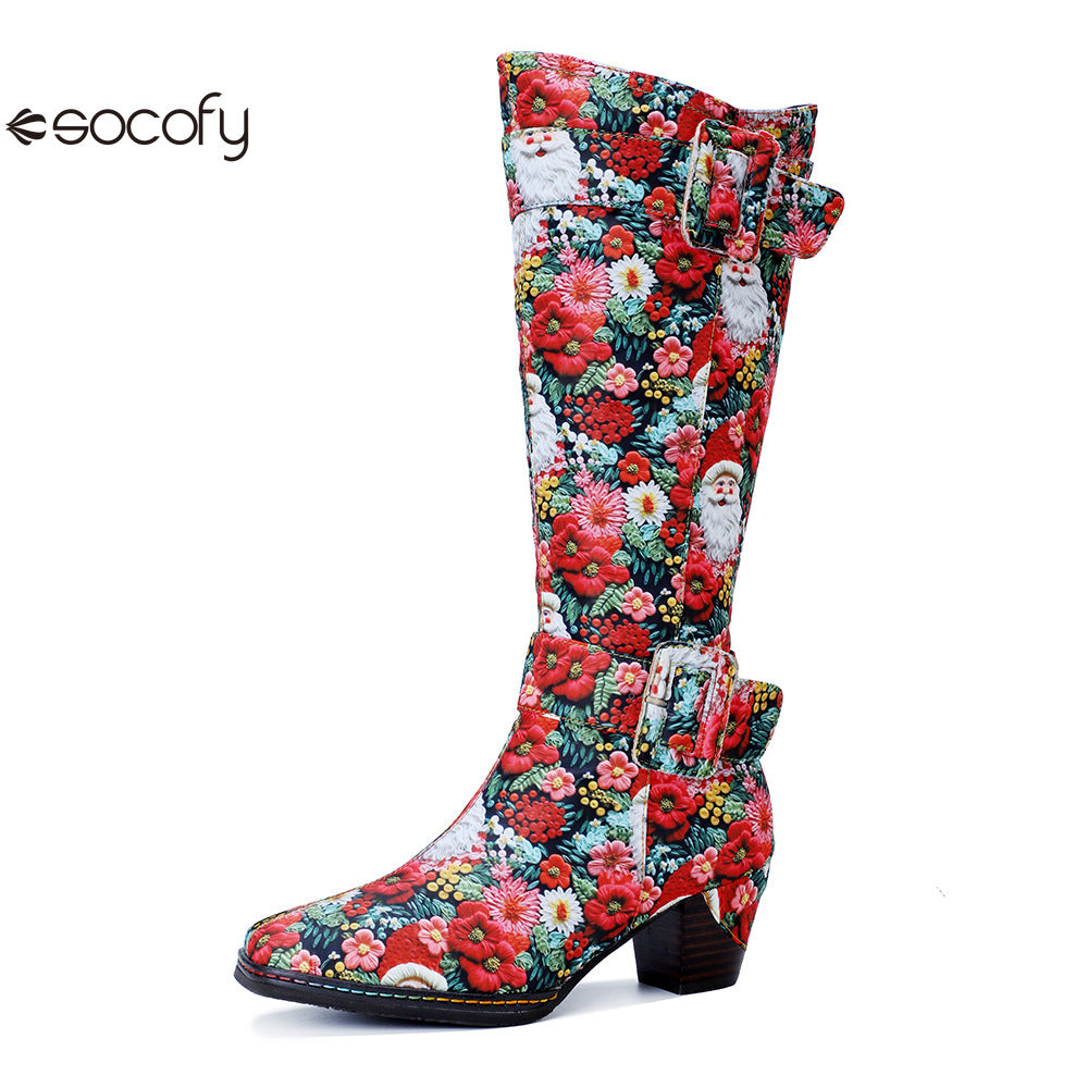 Chrismas Exclusive｜Socofy Vicconfy Vintage Print Casual Chunky Heel Comfort High Boots