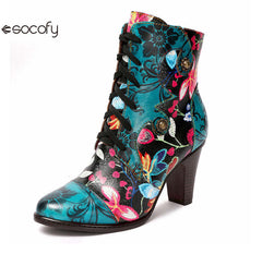 Socofy Vicconfy Ethnic Cowhide Handmade Vintage Flower High Heel Women's Boots