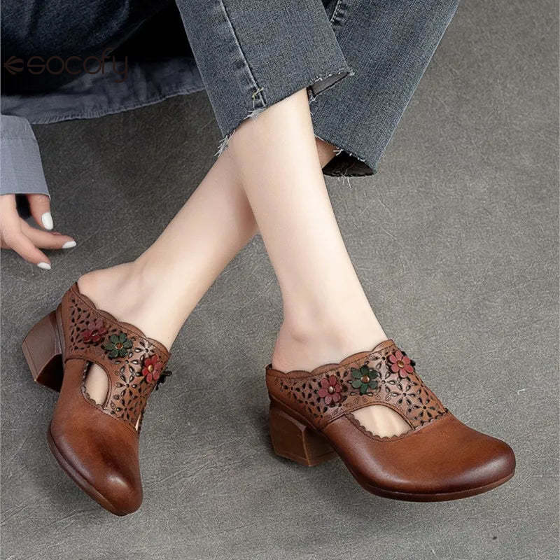 Socofy Ethnic Style Flower Mid Heel Round Toe Retro Comfortable Versatile Women Shoes