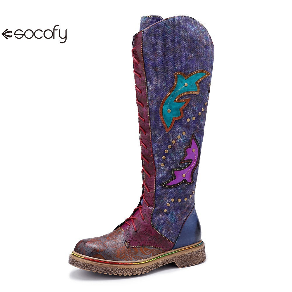 Socofy Vicconfy Locomotive Texture Dark Flower Women's Boots Flat Women's Boots