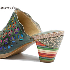 Socofy summer leather rubbed retro colourful hollow out high heel sandals