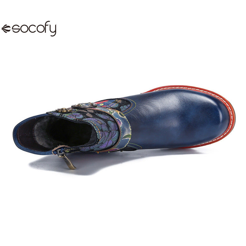 Socofy Vicconfy Genuine Leather Cubic Embossed Romantic Vintage Floral Heeled Ankle Boots