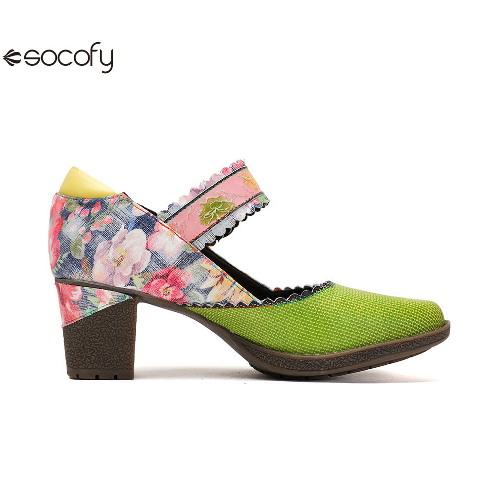 Socofy Vicconfy Floral Leather Women's Mary Jane Heel