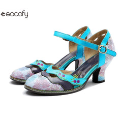 Socofy Spring Summer Mid Heeled Genuine Leather Hand-painted Retro Contrast Round Toe Sandals