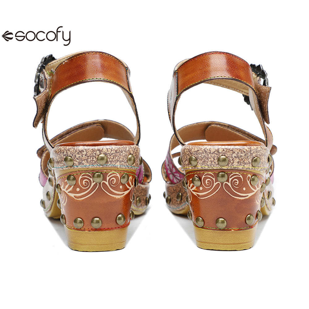 Socofy Summer Leather Retro Rivet Clash Colour High Heeled Sandals