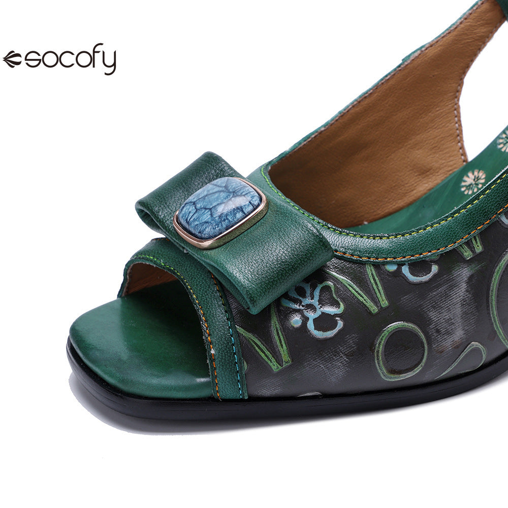 Socofy Handmade Leather Cubic Embossed Heeled Sandals