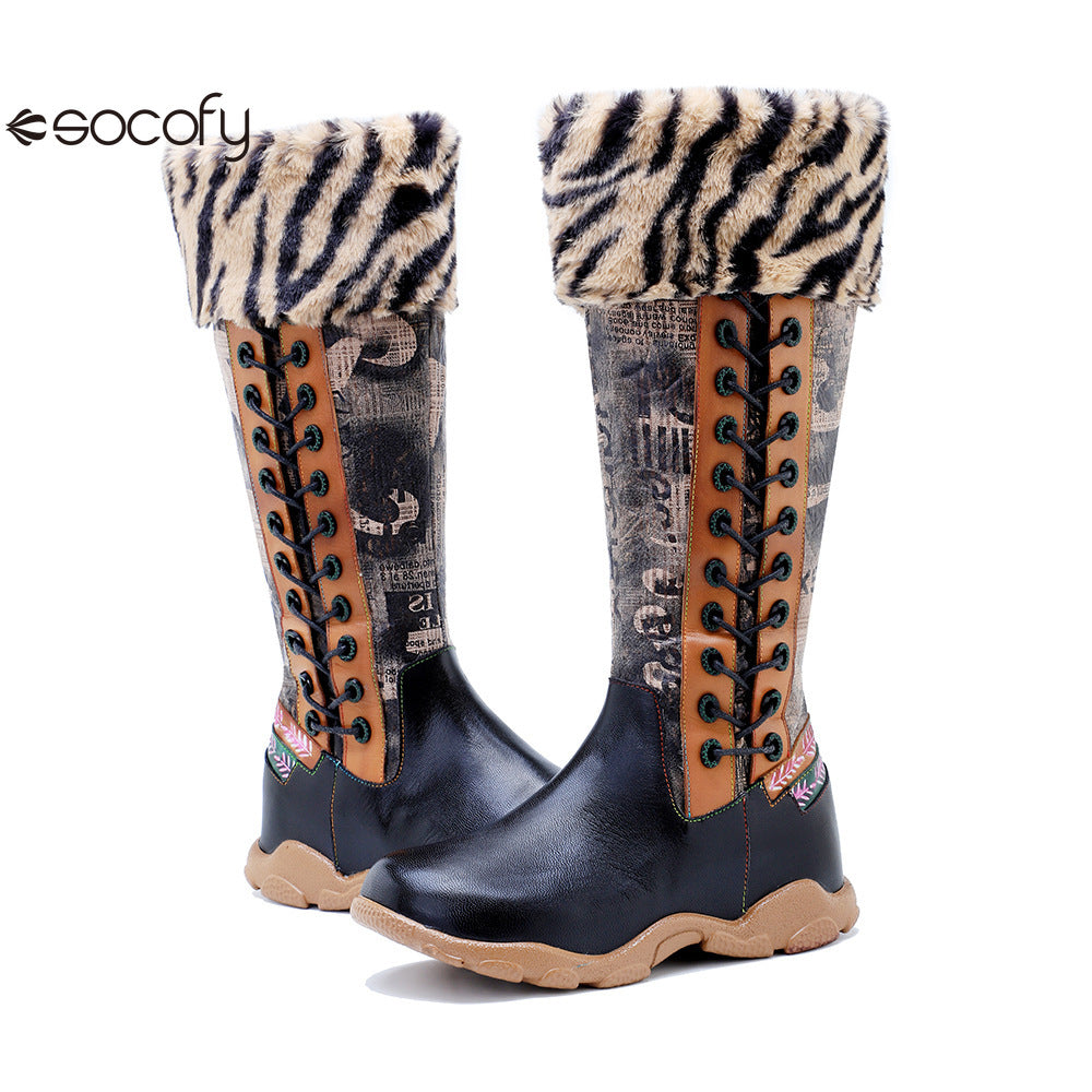 Socofy Vicconfy Printed Patchwork Padded Comfort Flat High Boots