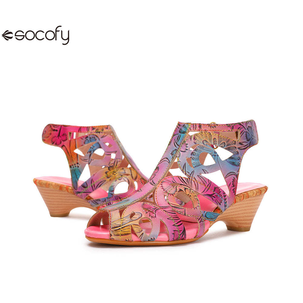 Socofy Summer ethnic style cowhide retro casual fish mouth women's sandals