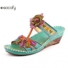 Socofy Spring Summer Hand-painted Genuine Leather Flower Wedges Slides Handmade Ladies Slippers