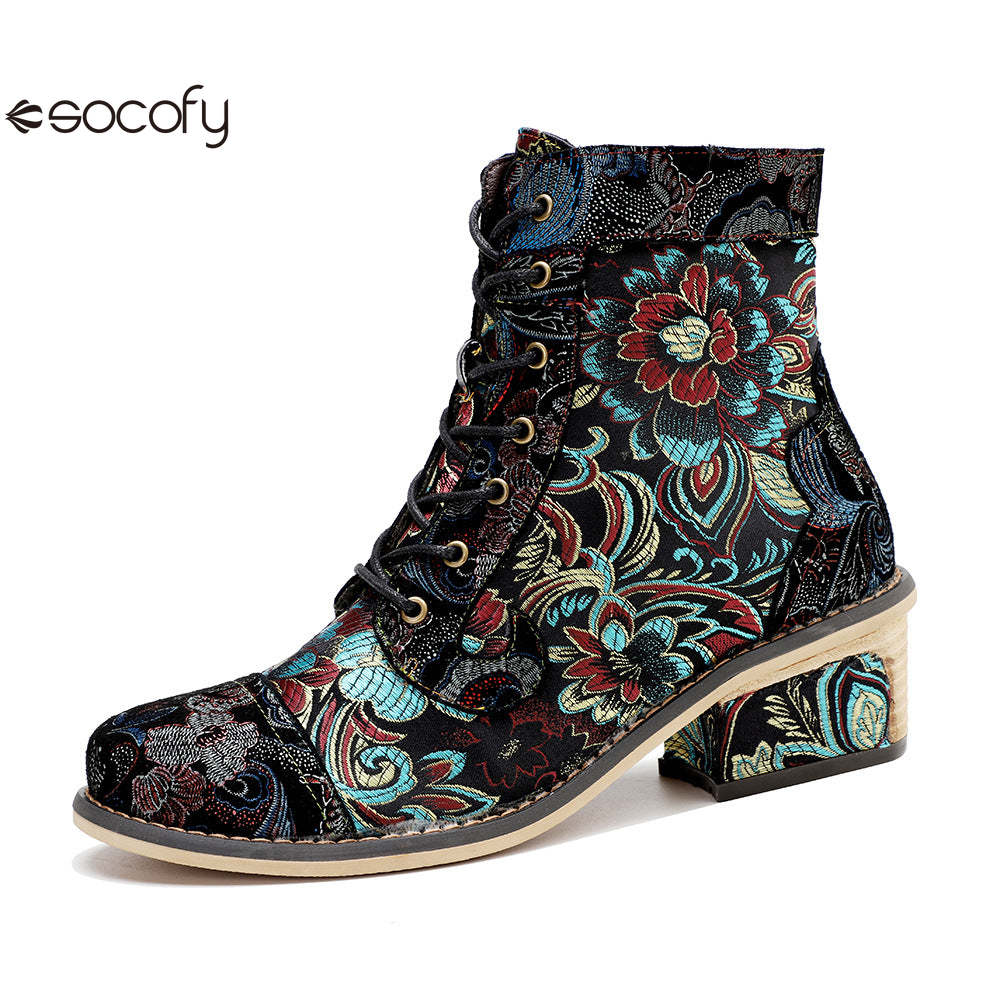 Socofy Vicconfy Vintage Printed Embroidered Casual Women's Boots