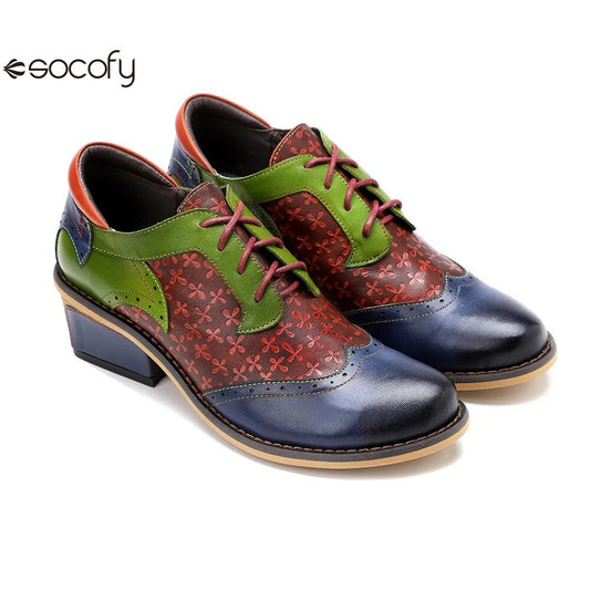 Socofy New Spring Genuine Leather Round Toe Lace-up Mixed Colors Ethnic Casual Sewing Pumps 1000