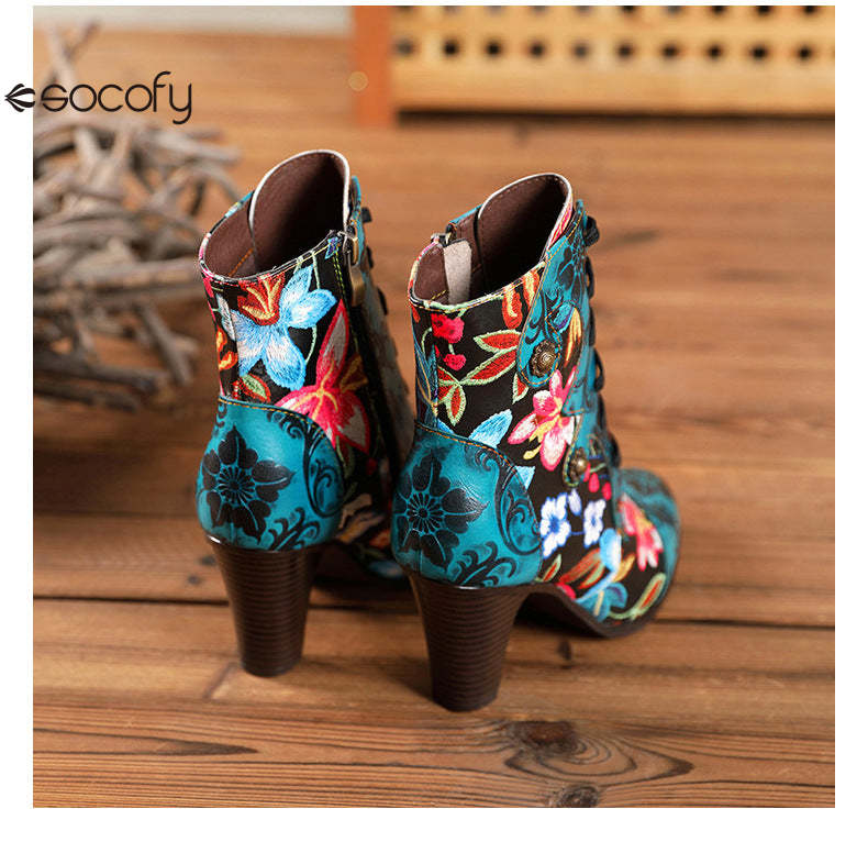 Socofy Vicconfy Ethnic Cowhide Handmade Vintage Flower High Heel Women's Boots