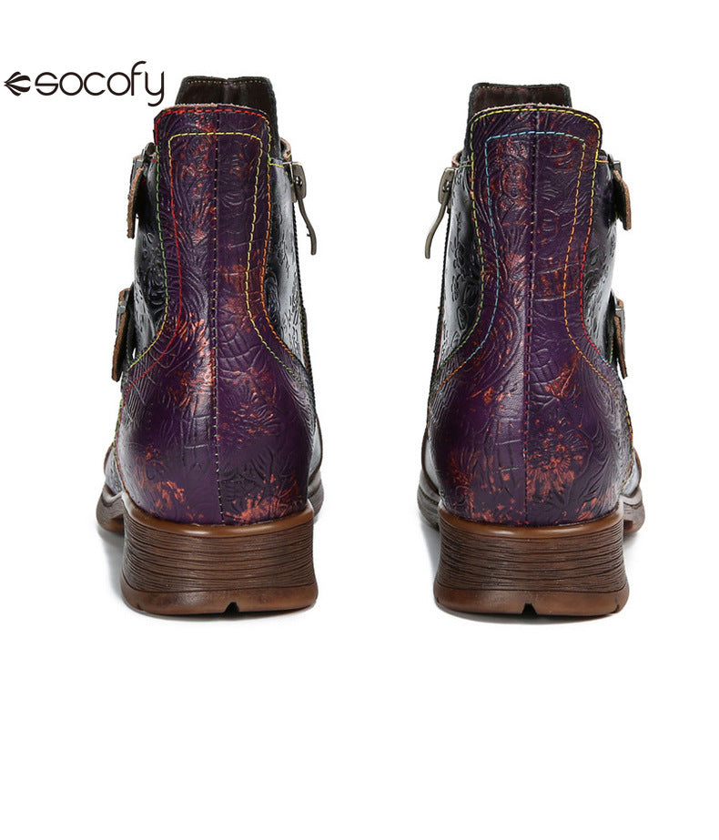 Socofy Vicconfy Genuine Leather Ethnic Vintage Rivet Belt Buckle Boots