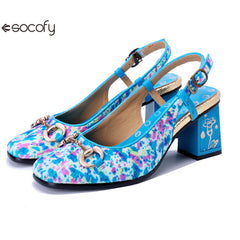 Socofy Handmade Leather Crushed Flower Chunky High Heeled Sandals