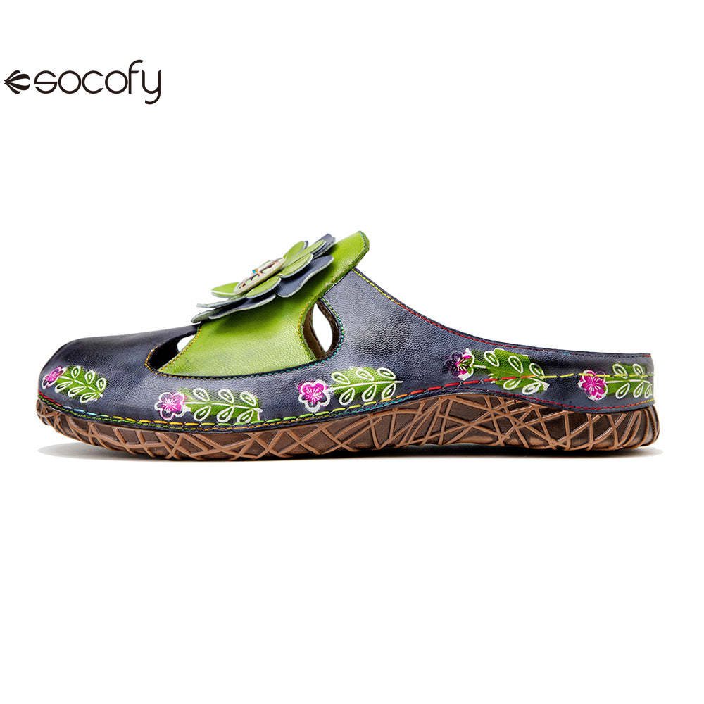 Socofy Flat Flower Daily Home Casual Back Heel Half Slippers Women