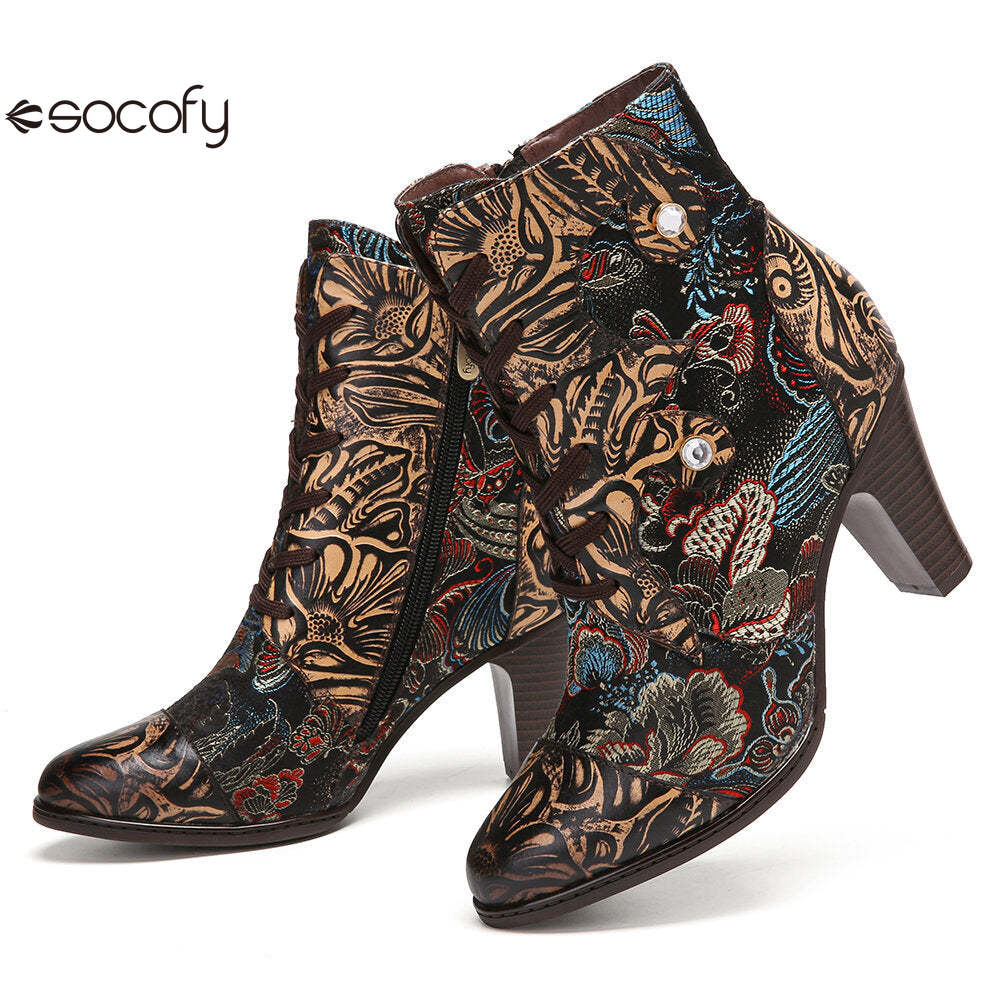 Socofy Vintage Pointed Embroidered Flowers Women's Fashion Boots