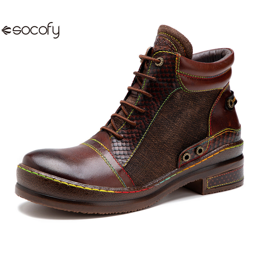 Socofy Vicconfy Genuine leather lace-up vintage biker boots