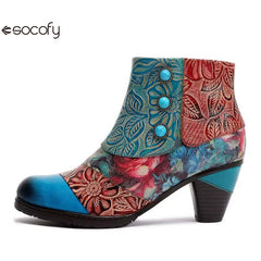 Socofy Women boots Leather Vintage Bohemian Female Retro Printed Buckle Soft Zipper Ankle Boots