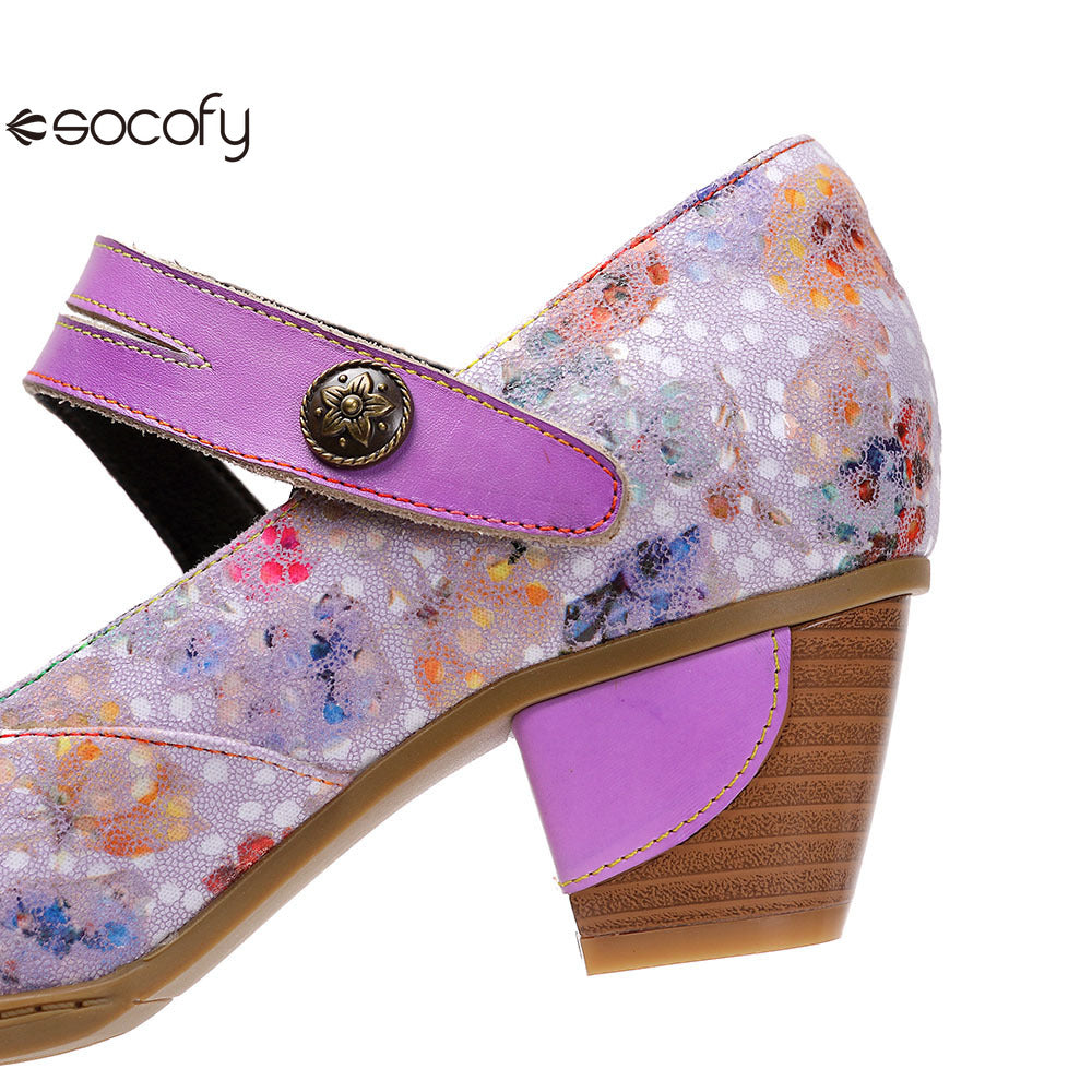 Socofy Vicconfy Genuine Leather Ethnic Vintage Style High Heeled Shoes