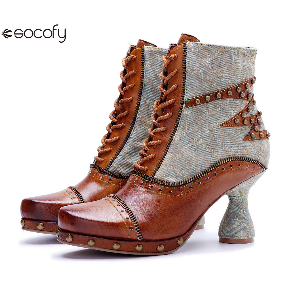 Socofy Vicconfy Retro Handmade Pachwork Fashionable Ankle Boots