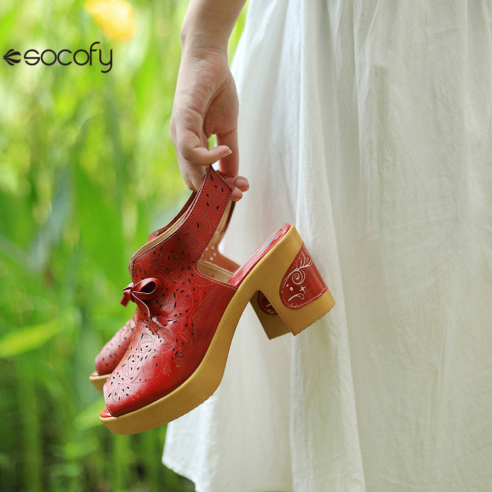 Socofy Summer Leather Retro Hollow Out High Heel Sandals