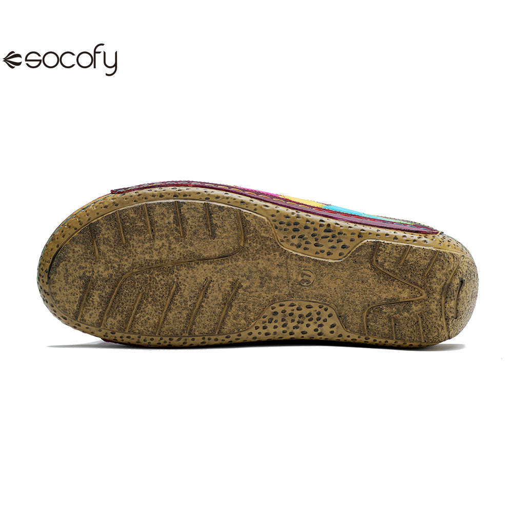 Socofy new summer style genuine leather retro plaid comfortable flat women's slippers