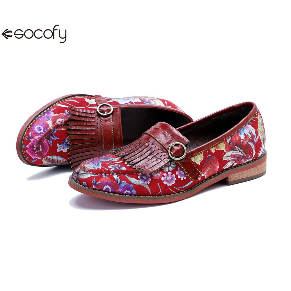 Socofy Handmade Leather Vintage Printed Tassel Flat Loafers Shoes