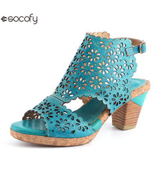 Socofy Vicconfy Open Toe Slingback Vintage Hollow Chunky Sandals