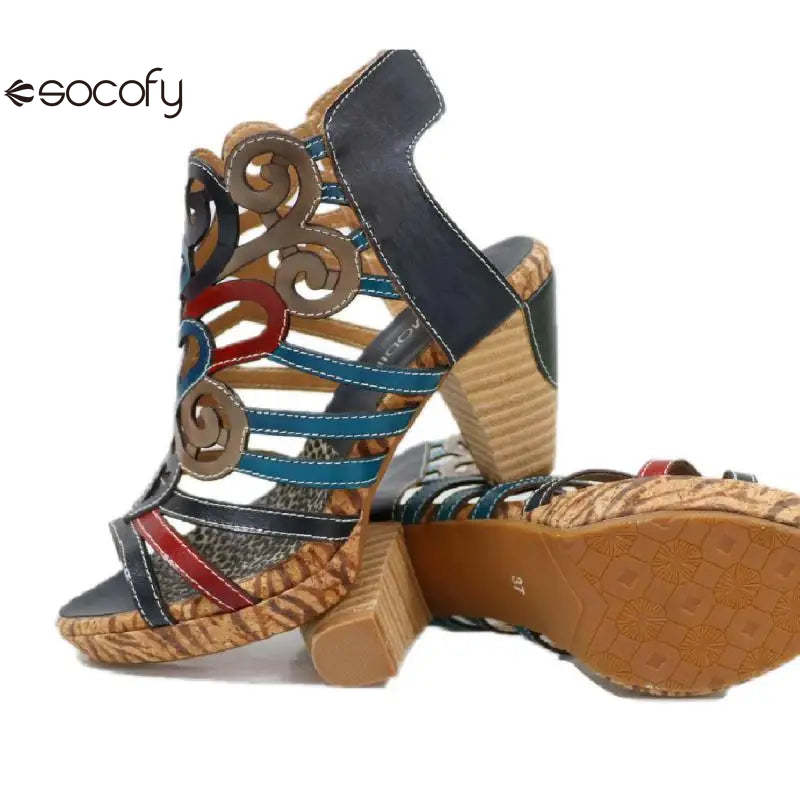 Socofy Genuine Leather Hook & Loop Mixed Colors Retro Sewing Casual High Heels Women Shoes