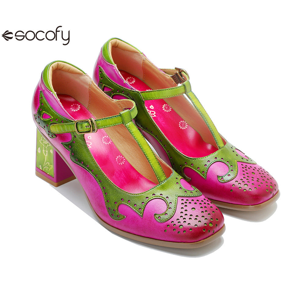 Socofy Handmade Leather Vintage Mary Jane Heels