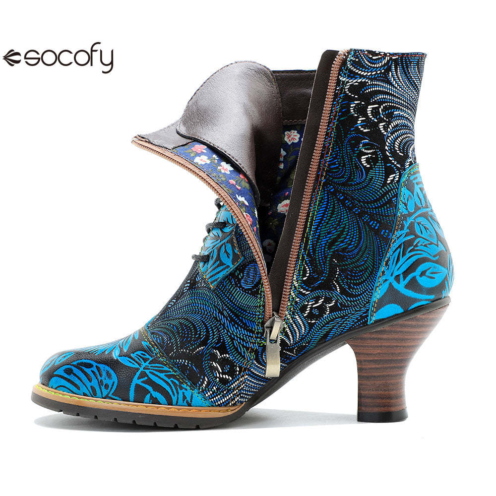 Socofy Autumn and Winter Printed Retro Lace-up Short Heel Women's Boots