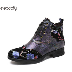 Socofy Vicconfy Genuine Leather Ethnic Illusion Blue Purple Vintage Ankle Boots