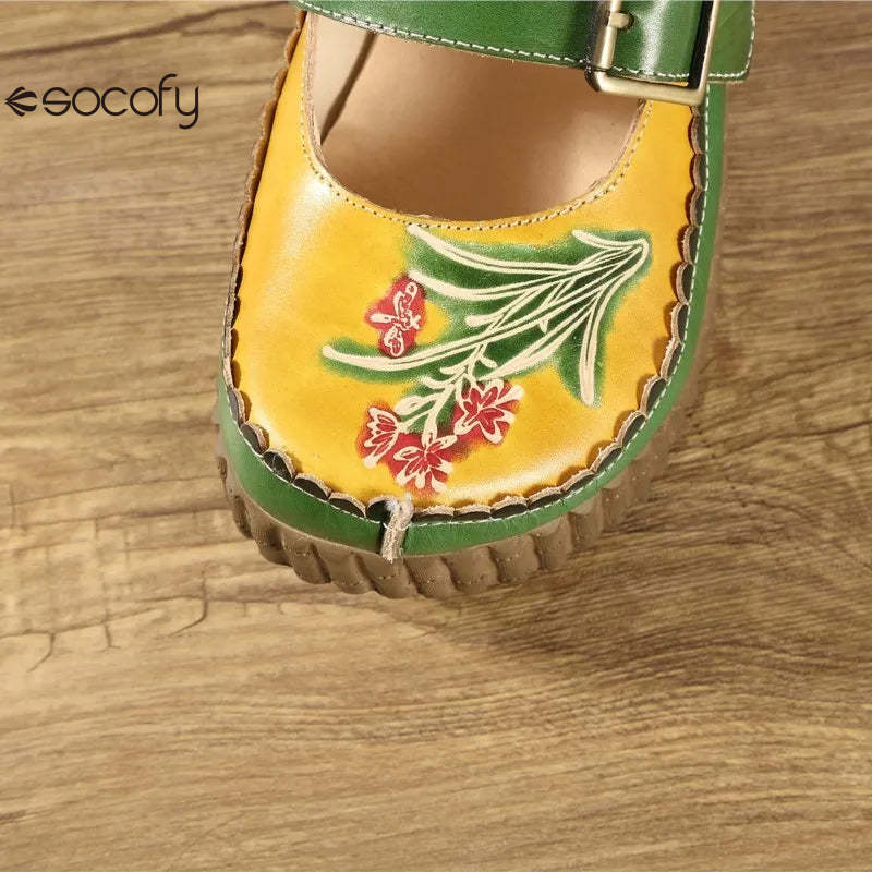 Socofy Ethnic Style Genuine Leather Hand-painted Outside Wedges Slides Retro Platform Slippers