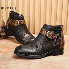 SOCOFY Genuine Leather Ethnic Style Round Toe Belt Buckle Handmade Embossing Short Boots