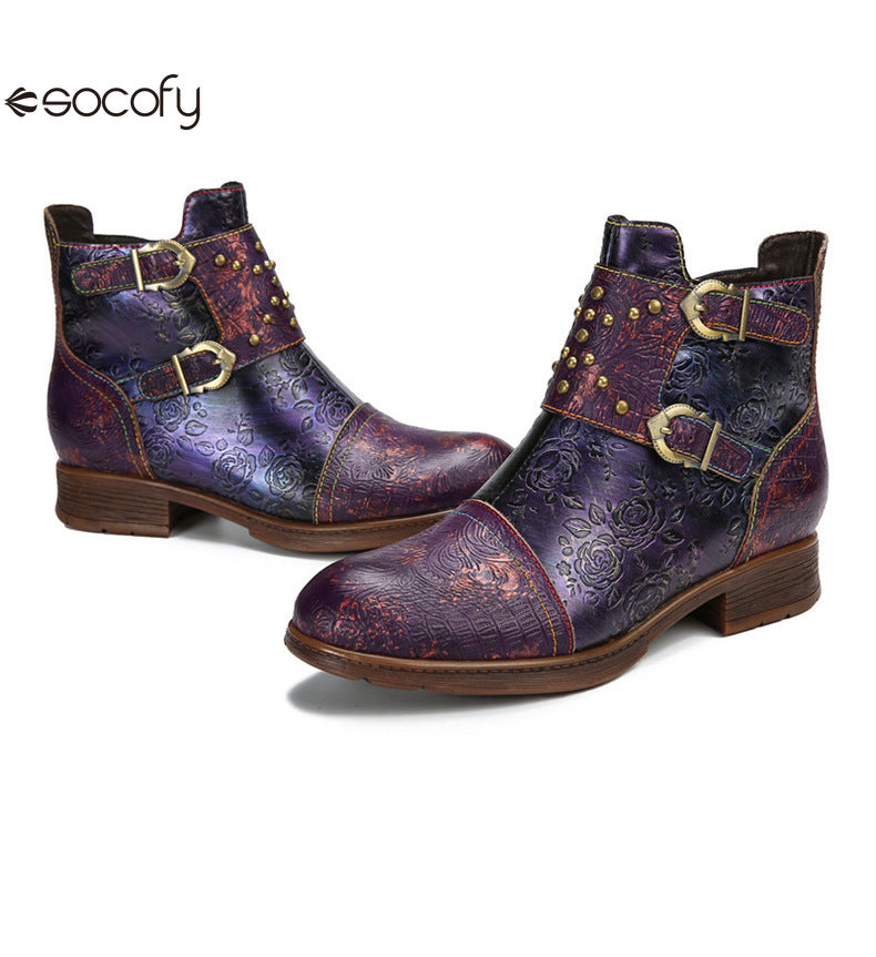 Socofy Vicconfy Genuine Leather Ethnic Vintage Rivet Belt Buckle Boots