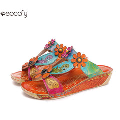 Socofy Vicconfy Loose Round Toe Handmade Cubic Flower Ethnic Flat Sandals