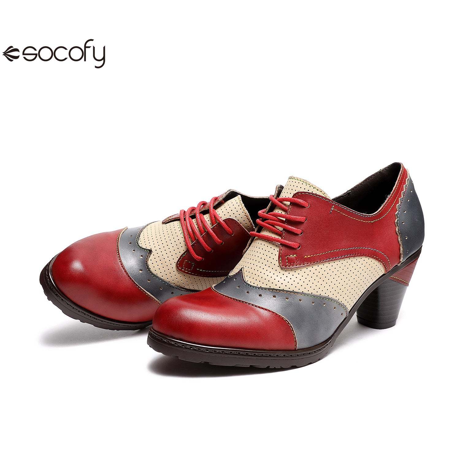 Socofy Thick-heeled retro ethnic style low-top round-toe women pumps