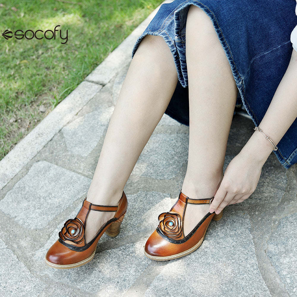 Socofy spring genuine leather retro Mary Jane high-heeled shoes