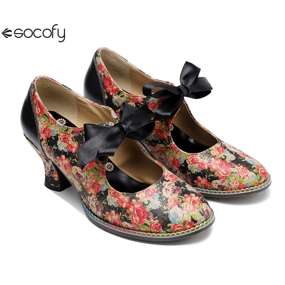 Socofy Vintage Rustic Broken Flower Strappy Bow High Heels