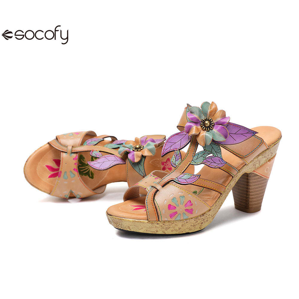 Socofy Vicconfy Flower Patchwork Head Cowhide High Heel Women's Sandals Slippers