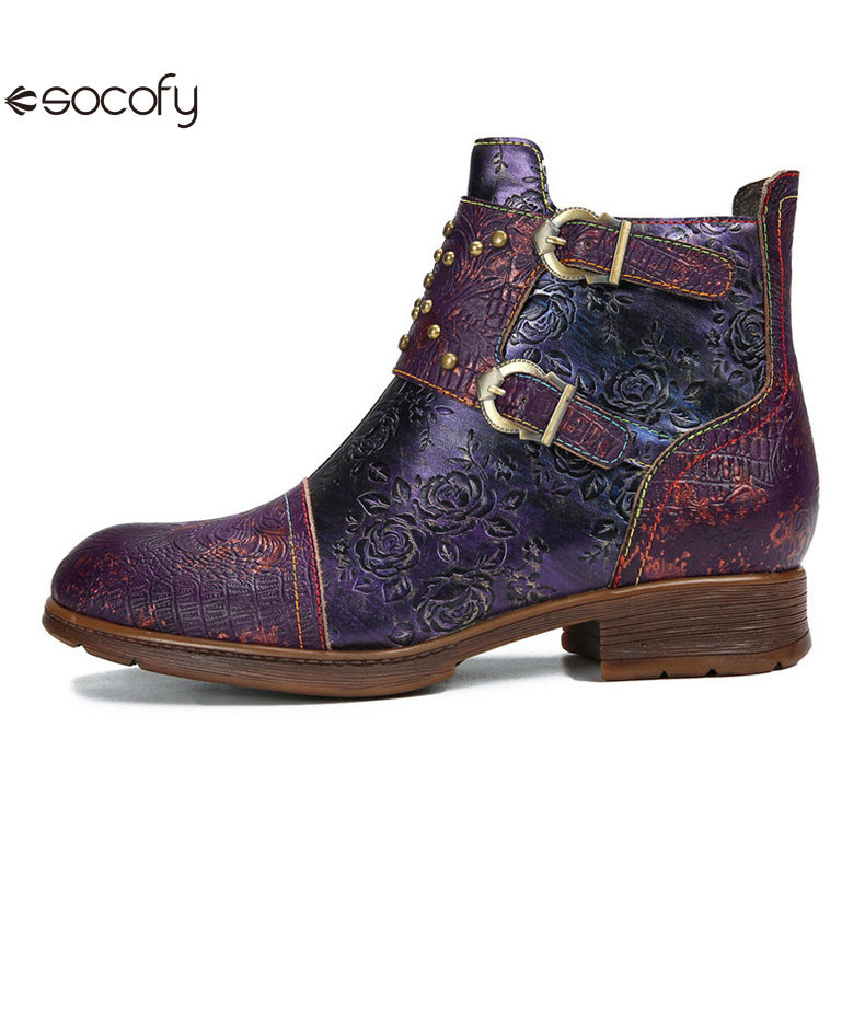 Socofy Vicconfy Genuine Leather Ethnic Vintage Rivet Belt Buckle Boots