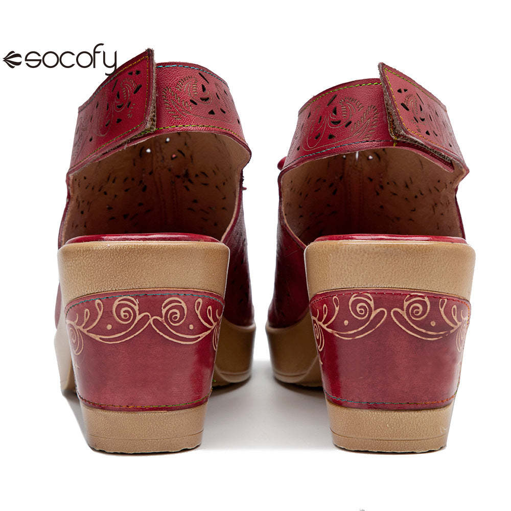 Socofy Summer Leather Retro Hollow Out High Heel Sandals