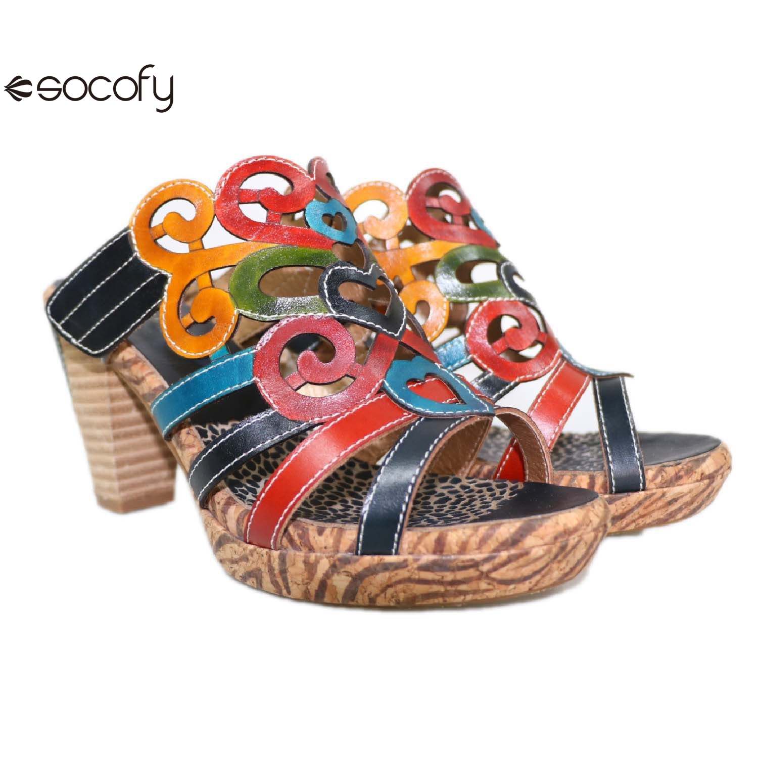 Socofy summer ethnic style leather women's shoes high heels handmade slippers