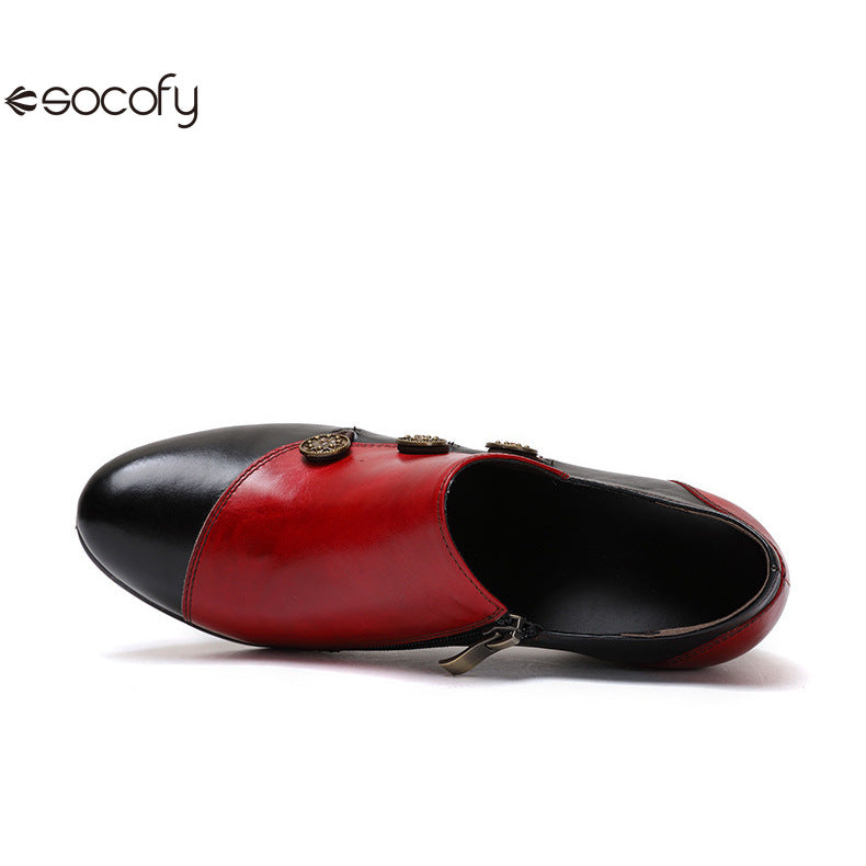 Socofy Vicconfy Genuine Leather Ethnic Style Handmade Vintage Literary Buckle Heels