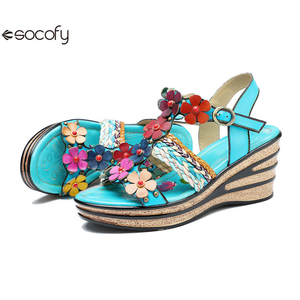 Socofy summer genuine leather bohemian style comfortable wedge sandals for women