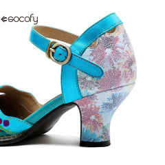 Socofy Spring Summer Mid Heeled Genuine Leather Hand-painted Retro Contrast Round Toe Sandals