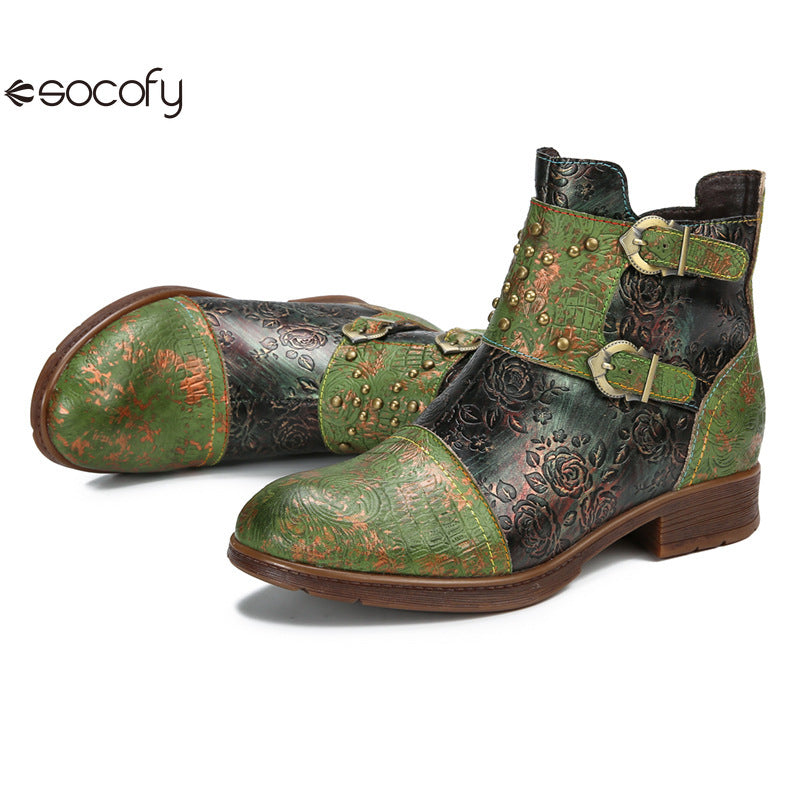 Socofy Vicconfy Genuine Leather Ethnic Vintage Rivet Belt Buckle Boots