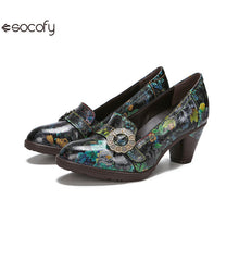 Socofy Vicconfy Round Toe Cowhide Leather Fashion Single Shoes Vintage Flower Heels Women's Shoes