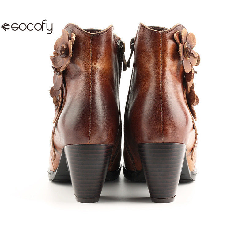 Socofy Genuine Leather Handmade Square Toe Vintage Handmade Flower Boots Woman