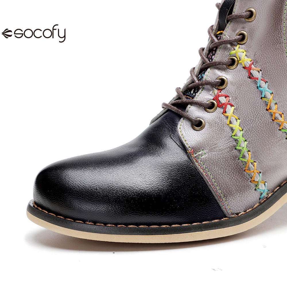 Socofy Vicconfy Handmade Leather Scuffed Vintage Women's Boots